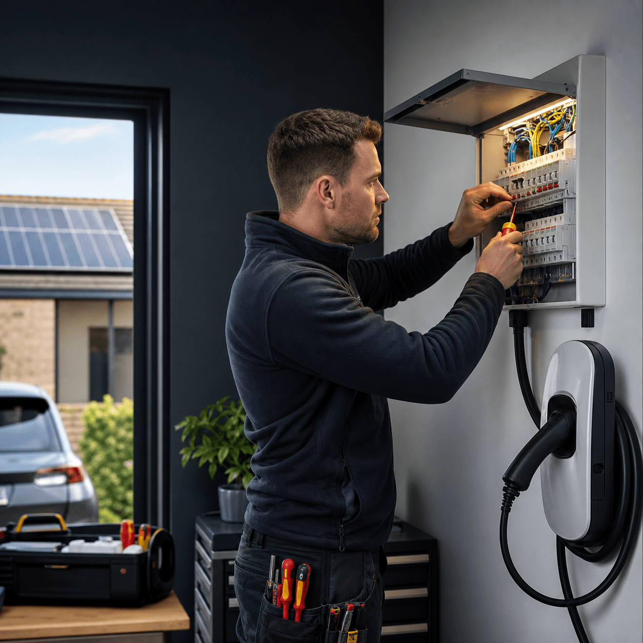 Electrician working on a consumer unit beside an EV charger with solar panels outside